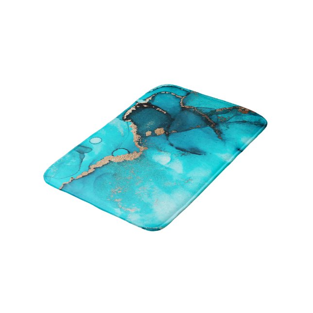 Abstract Teal Green Gold Alcohol Ink Bath Mat (Angled)
