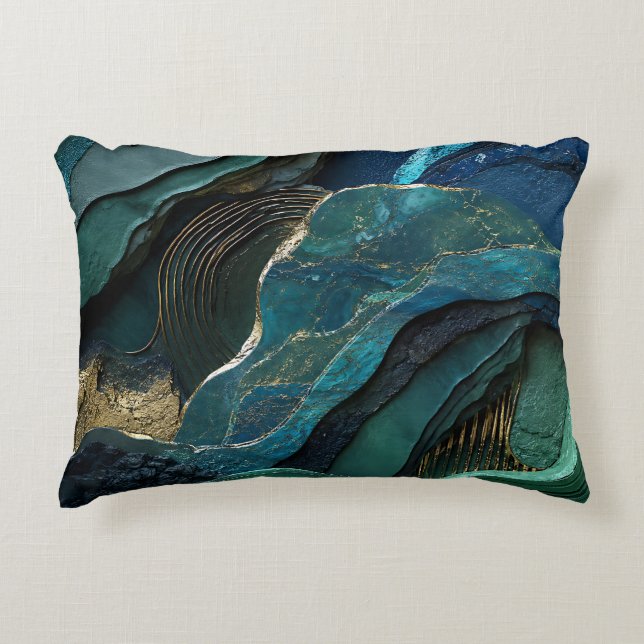 Abstract Teal Green Gold Marble Luxury Geological  Decorative Cushion (Front)