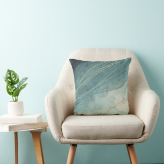 Abstract Teal Indigo and Gold Ink Pattern Cushion