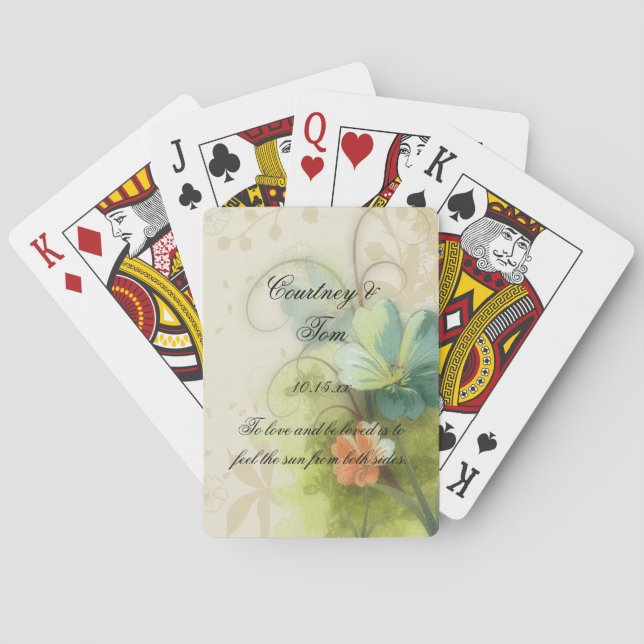Abstract Teal Peach Floral Wedding Playing Cards (Back)