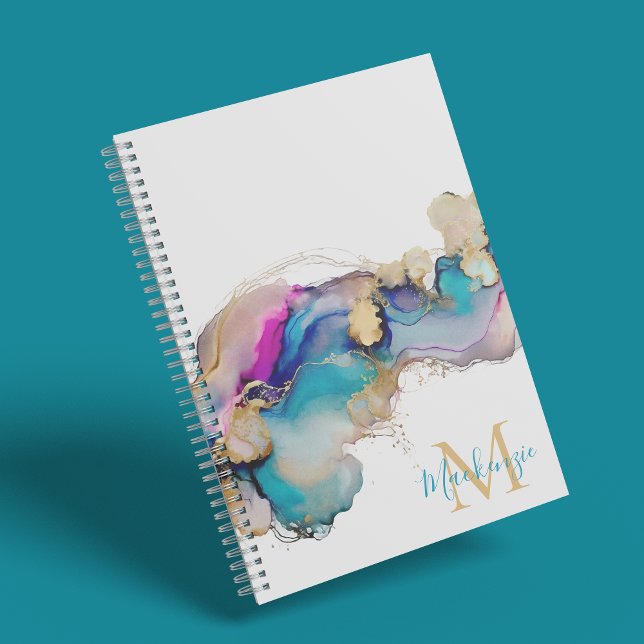 Abstract Teal Pink Gold Inky Marble Monogram Notebook (Creator Uploaded)
