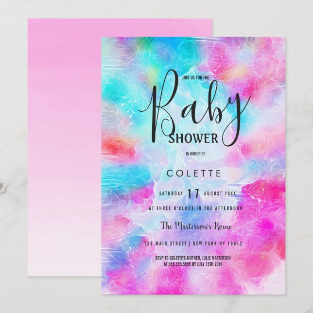 Abstract teal pink white watercolor Baby Shower Invitation (Front/Back)