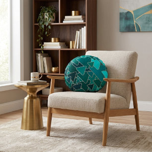 Abstract Teal Triangle Geometric Round Cushion