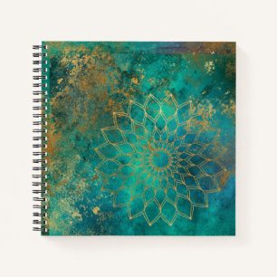Abstract Teal Watercolor Gold Grunge Mandala Notebook
