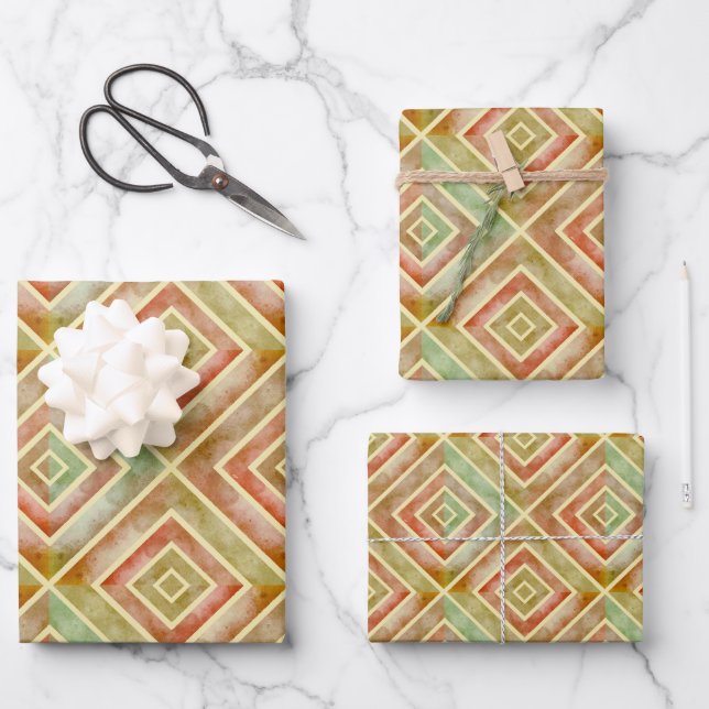 Abstract terracotta green geometric square tiles   wrapping paper sheet (Front)