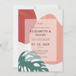 Abstract Terracotta Monstera Leaf Modern Wedding Invitation