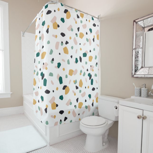 Abstract Terrazzo Green Orange Pink Black Pattern Shower Curtain (In Situ)