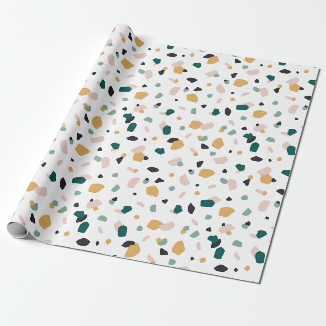 Abstract Terrazzo Green Orange Pink Black Pattern Wrapping Paper (Unrolled)
