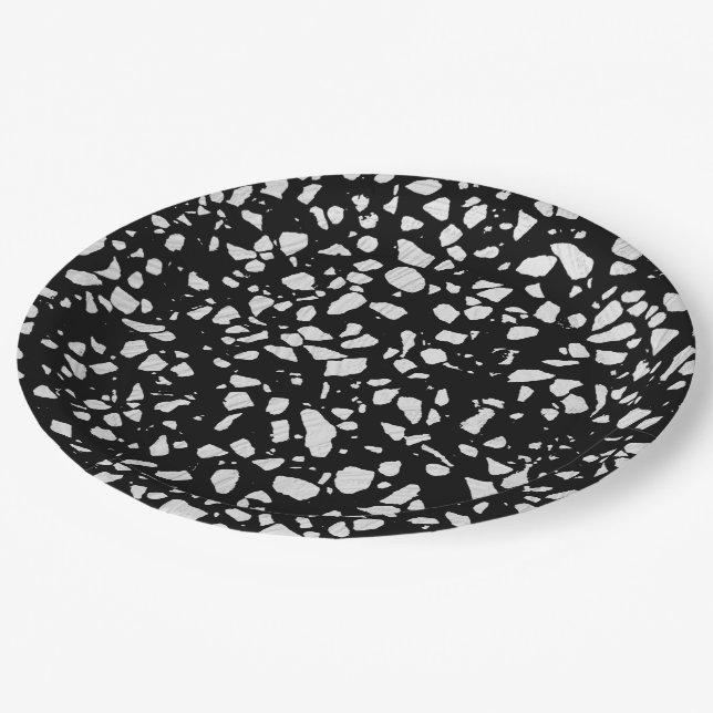 Abstract Terrazzo Mosaic Black and White Pattern Paper Plate (Angled)