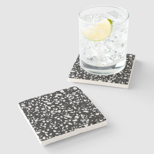 Abstract Terrazzo Mosaic Black and White Pattern Stone Coaster (Side)