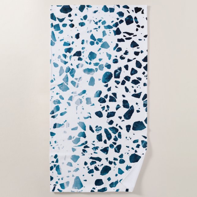 Abstract Terrazzo Mosaic Navy & Light Blue Pattern Beach Towel (Front)