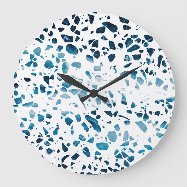 Abstract Terrazzo Mosaic Navy & Light Blue Pattern Large Clock (Front)