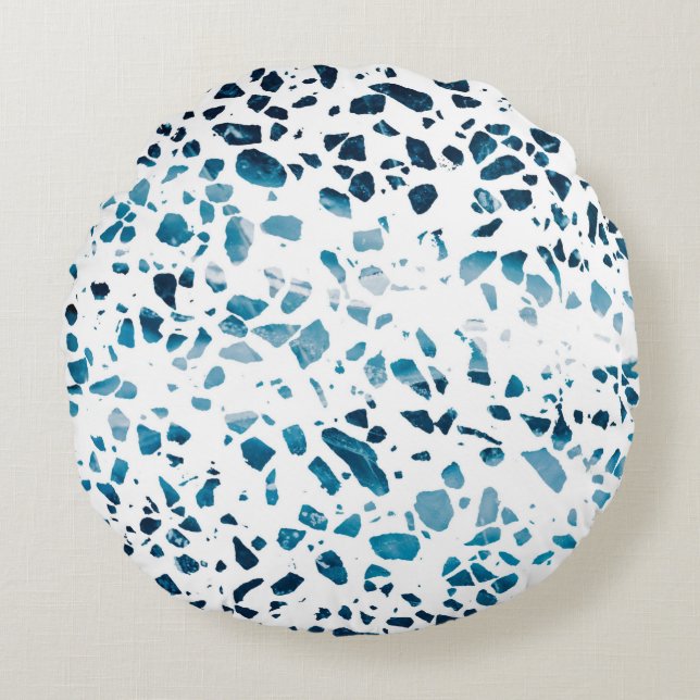 Abstract Terrazzo Mosaic Navy & Light Blue Pattern Round Cushion (Front)