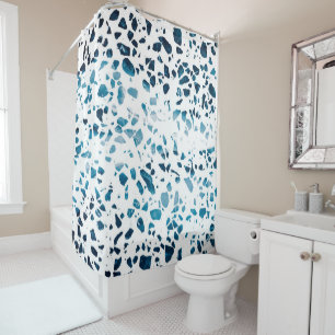 Abstract Terrazzo Mosaic Navy & Light Blue Pattern Shower Curtain