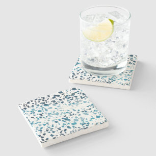 Abstract Terrazzo Mosaic Navy & Light Blue Pattern Stone Coaster