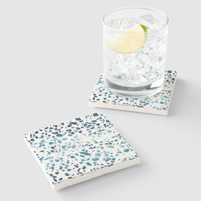 Abstract Terrazzo Mosaic Navy & Light Blue Pattern Stone Coaster (Side)