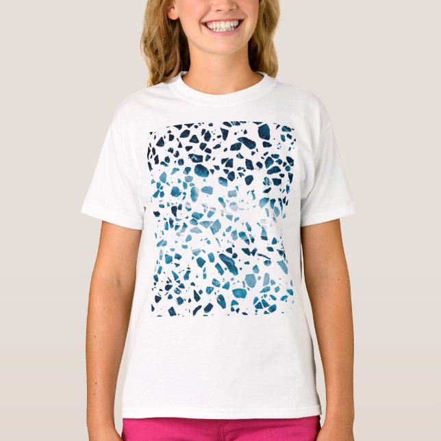 Abstract Terrazzo Mosaic Navy & Light Blue Pattern T-Shirt (Front)