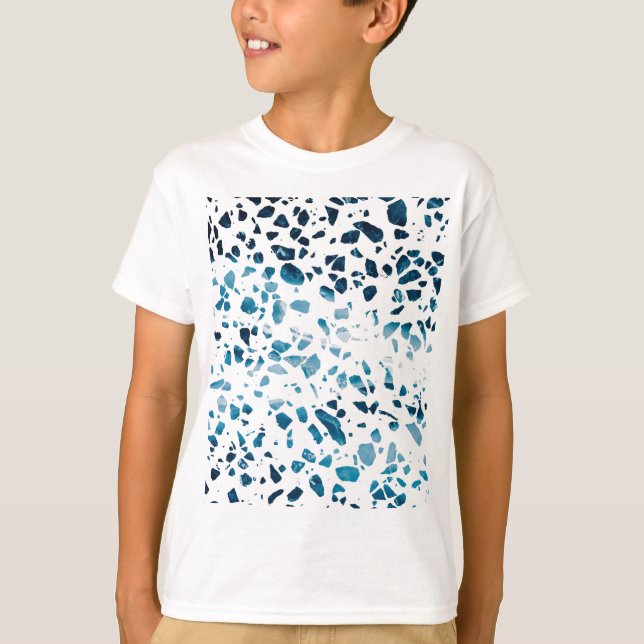 Abstract Terrazzo Mosaic Navy & Light Blue Pattern T-Shirt (Front)