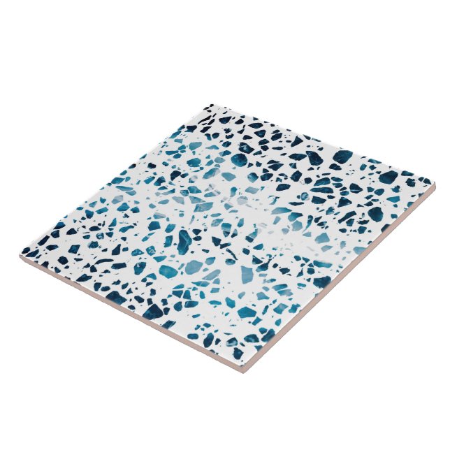 Abstract Terrazzo Mosaic Navy & Light Blue Pattern Tile (Side)