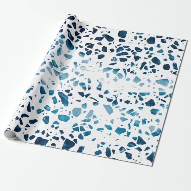 Abstract Terrazzo Mosaic Navy & Light Blue Pattern Wrapping Paper (Unrolled)