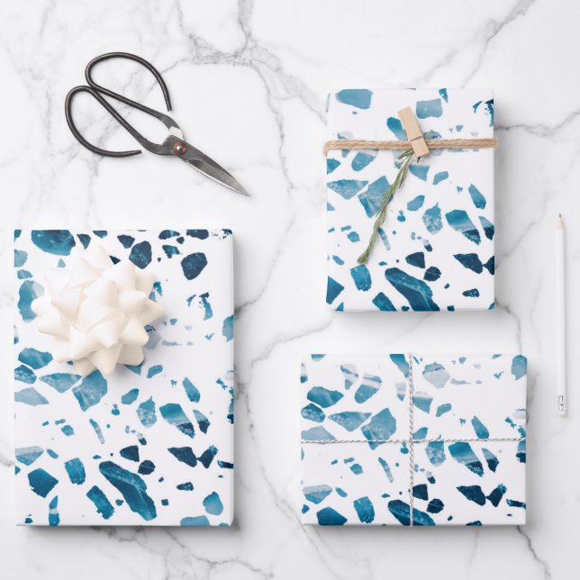 Abstract Terrazzo Mosaic Navy & Light Blue Pattern Wrapping Paper Sheet (Front)