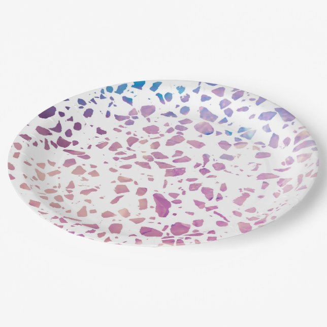 Abstract Terrazzo Mosaic Pink & Blue Pattern Paper Plate (Angled)