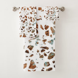 Abstract Terrazzo Mosaic Rust Brown & Blue Pattern Bath Towel Set