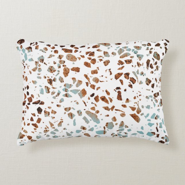 Abstract Terrazzo Mosaic Rust Brown & Blue Pattern Decorative Cushion (Front)