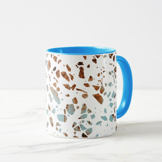 Abstract Terrazzo Mosaic Rust Brown & Blue Pattern Mug (Front Right)