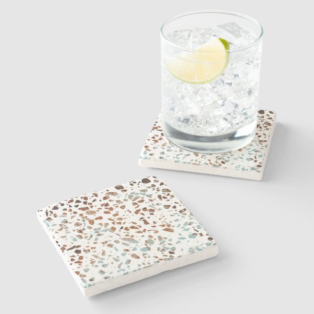 Abstract Terrazzo Mosaic Rust Brown & Blue Pattern Stone Coaster (Side)