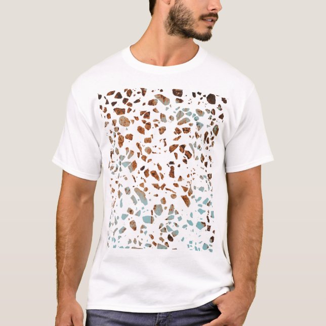 Abstract Terrazzo Mosaic Rust Brown & Blue Pattern T-Shirt (Front)