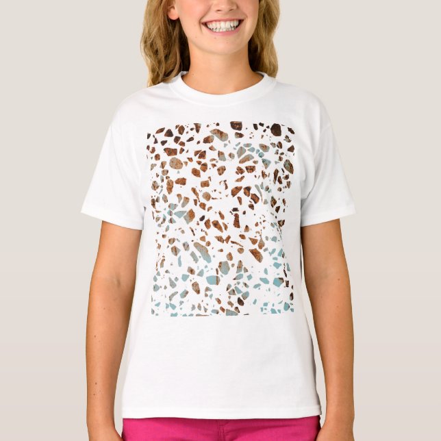 Abstract Terrazzo Mosaic Rust Brown & Blue Pattern T-Shirt (Front)