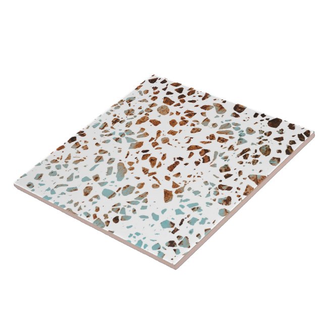 Abstract Terrazzo Mosaic Rust Brown & Blue Pattern Tile (Side)