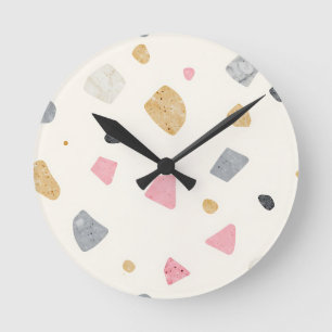 Abstract Terrazzo Pink Gray Gold Pattern Round Clock