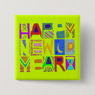 Abstract Text Design "Happy New Year" 15 Cm Square Badge