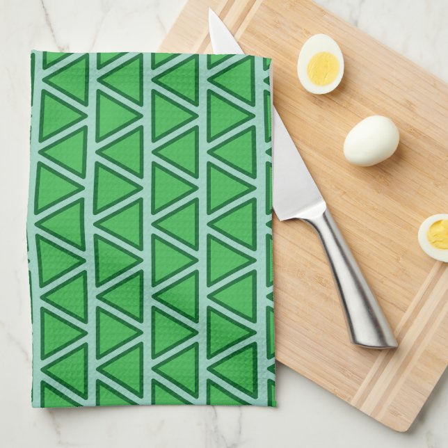 Abstract Three Tone Green Triangle Pattern Tea Towel (Quarter Fold)