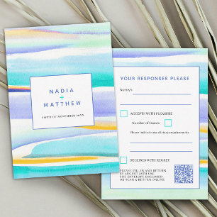 Abstract tidal lines blue wedding reply QR code RSVP Card