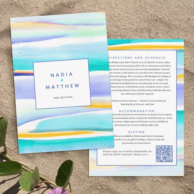 Abstract tidal lines blue yellow wedding QR code Enclosure Card (Creator Uploaded)