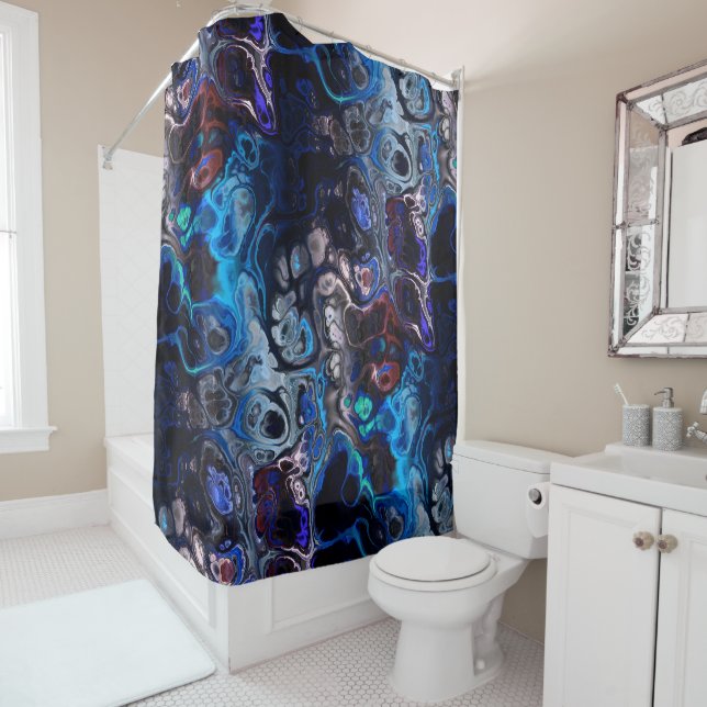 Abstract tie dye marble pattern in black and blue shower curtain (In Situ)