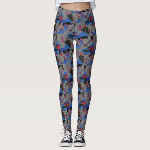 Abstract tiled design of free form colours on grey leggings