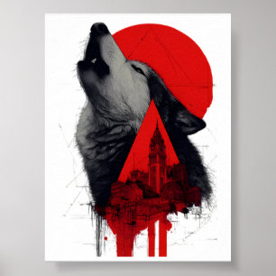 Abstract Trash Polka Howling Wolf Cityscape Poster