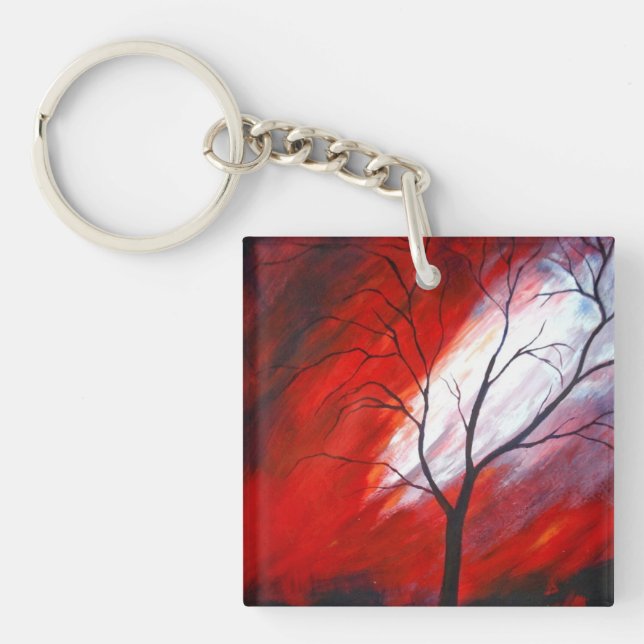 Abstract Tree and Red Sky Key Ring (Front)