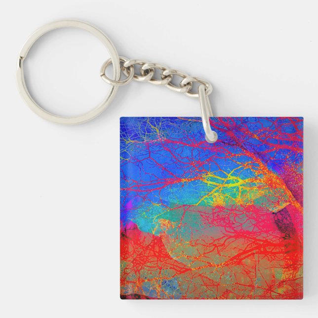 Abstract Tree Design in Red And Blue Key Ring (Front)
