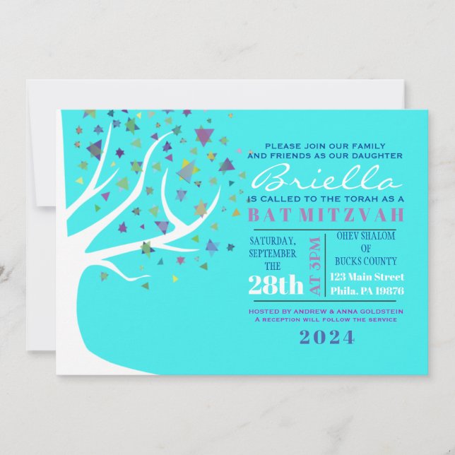 Abstract Tree of Life Bat Mitzvah Aqua Invite (Front)
