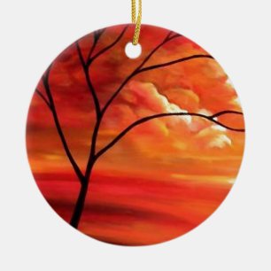Abstract Tree & Red Sunset Ceramic Tree Decoration