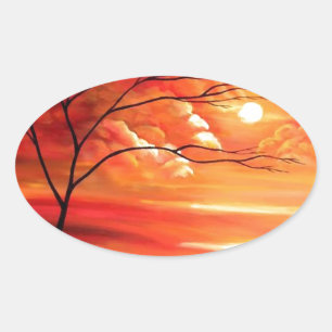 Abstract Tree & Red Sunset Oval Sticker