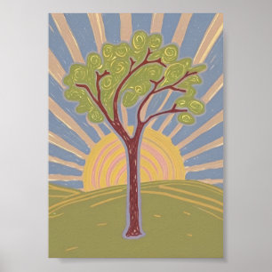 Abstract Tree & Rising Sun Art Print