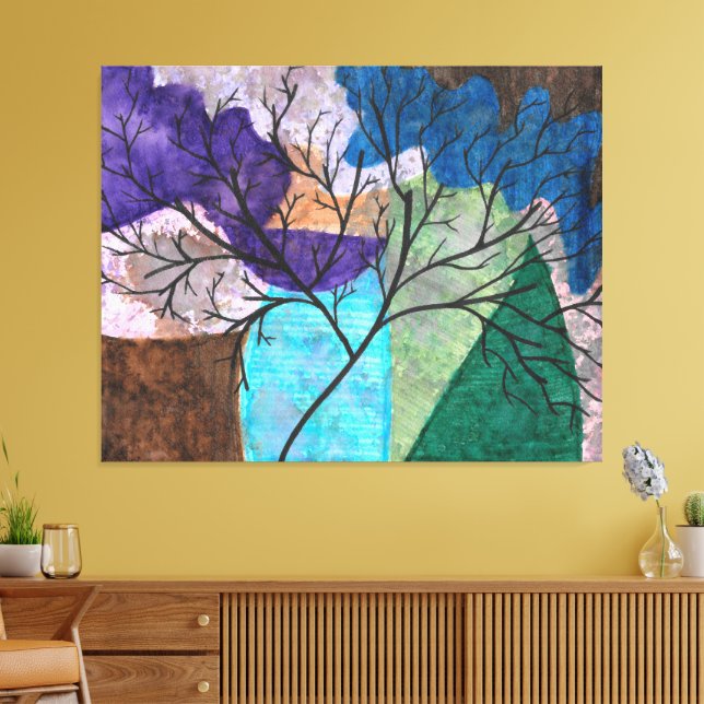 Abstract Tree Silhouette on Colourful Watercolor Canvas Print (Insitu(LivingRoom))
