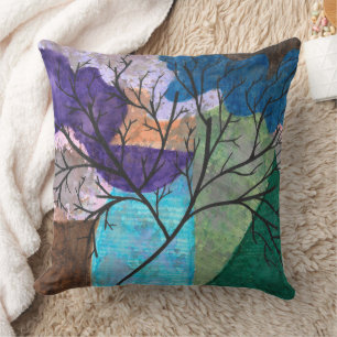 Abstract Tree Silhouette on Colourful Watercolor Cushion