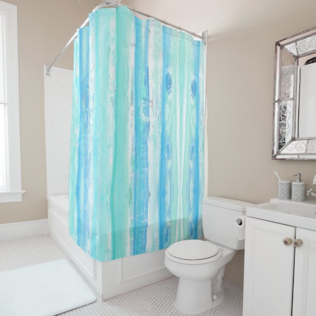 Abstract Tree Trunks in Blue and Aqua Blends Shower Curtain (In Situ)